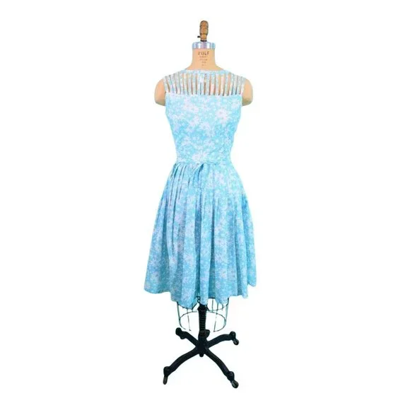 Vintage 1950s Sun Dress Caged Bodice Aqua Floral Sue BrettW 26